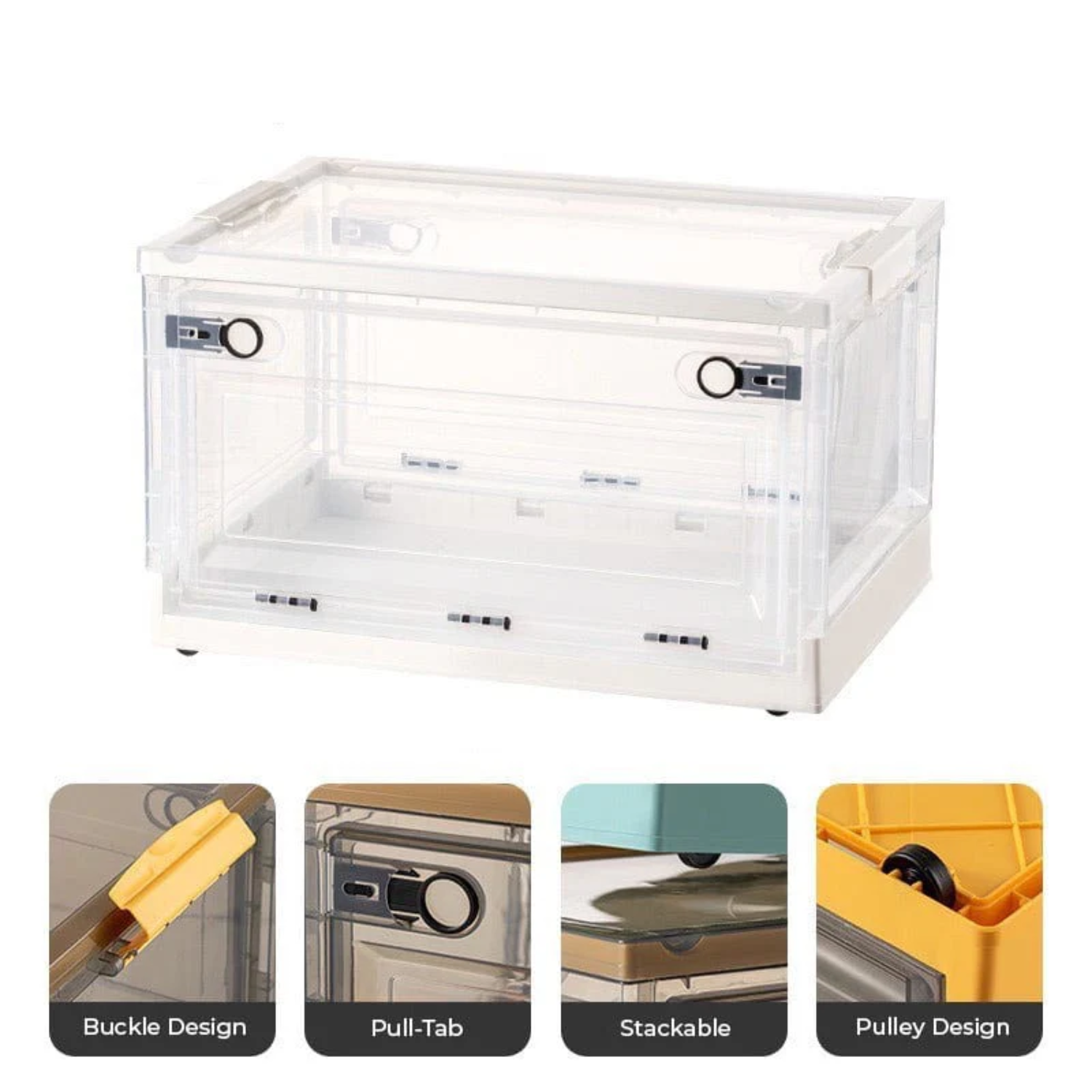 Collapsible Folding Clear Plastic Clothes Storage Box with Latching Lids & Wheels 65 x 46 x 36.5 cm White