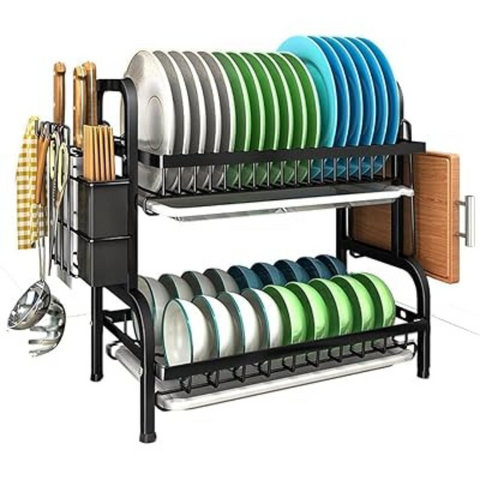 2 Layer Dish Drying Rack with Drain Tray