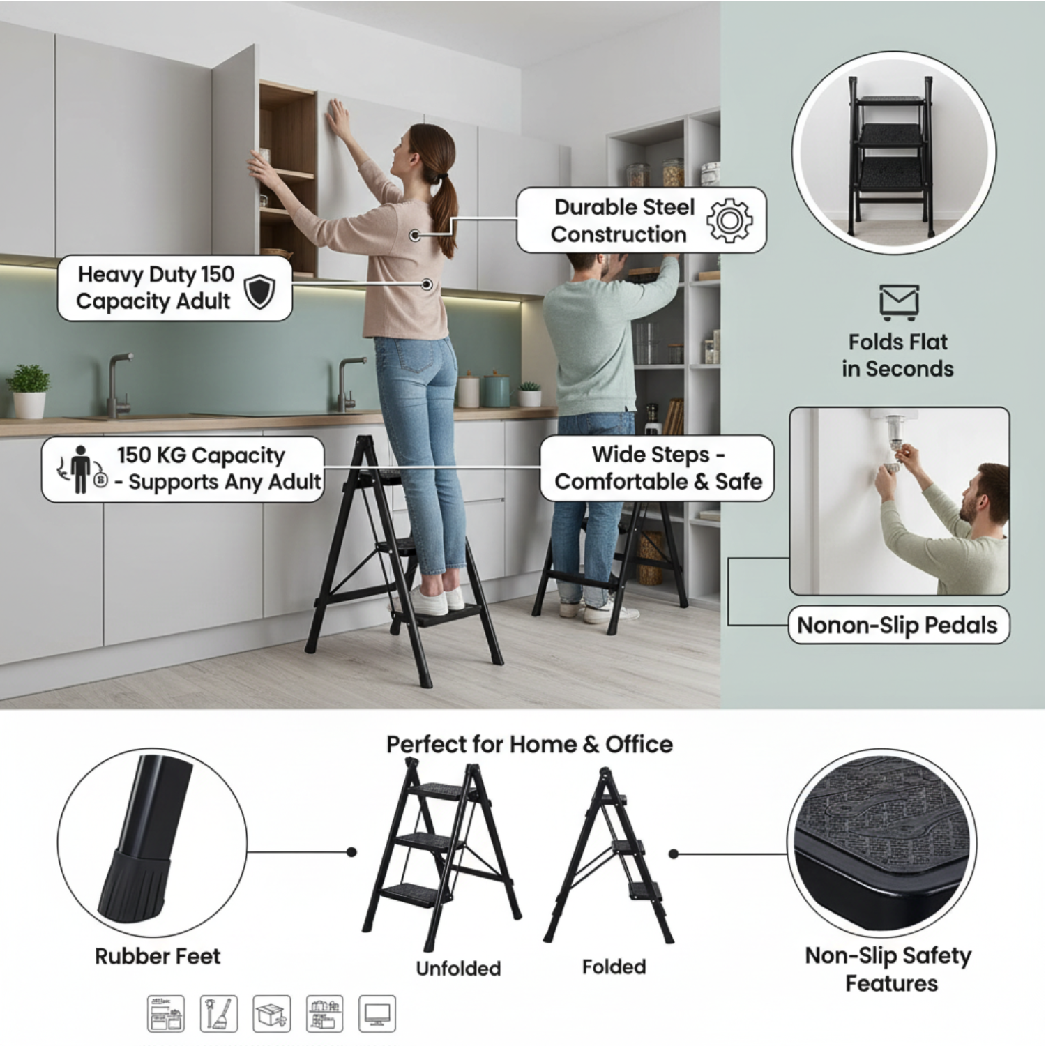 Foldable 3-Step Stool Ladder with Wide Pedals and 150 kg Load Capacity