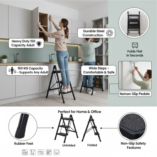 3 Step Stool Ladder with Wide Pedals and 150Kg Load Capacity