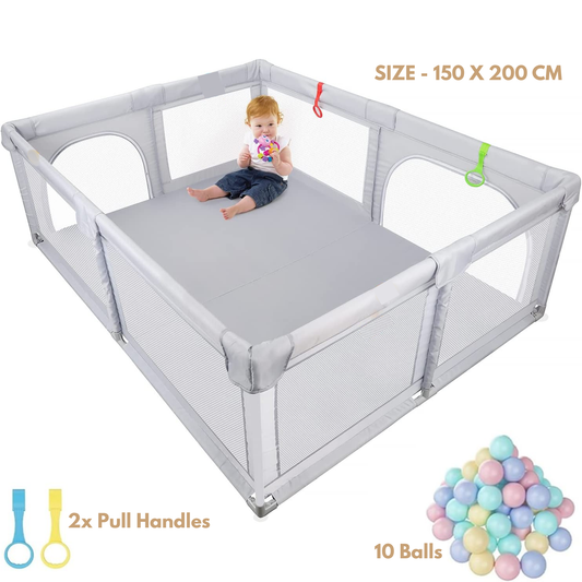 Playpen 150 x 200 cm, with 2 Pull Handles and 10 Balls Light Grey