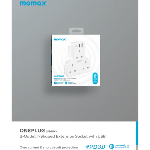 Momax Oneplug 3 Outlet T-Shaped Extension Socket with USB