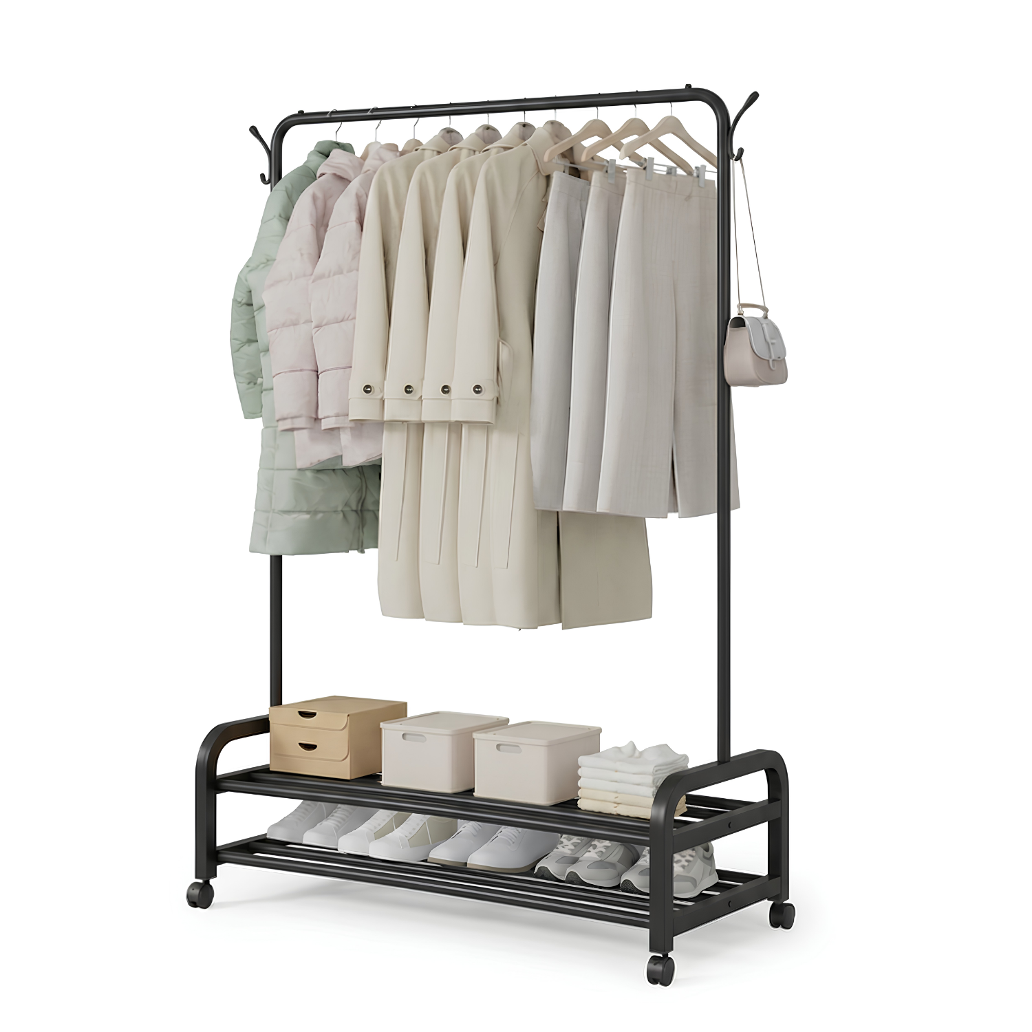 Multifunctional Single Pole Clothes Hanging Rack with Wheels and Bottom 2 Tier Shoe Rails