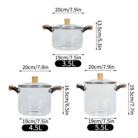 Transparent Glass Pot with Lid and Wooden Handle, High Boron Glass Pot for Gas Stove