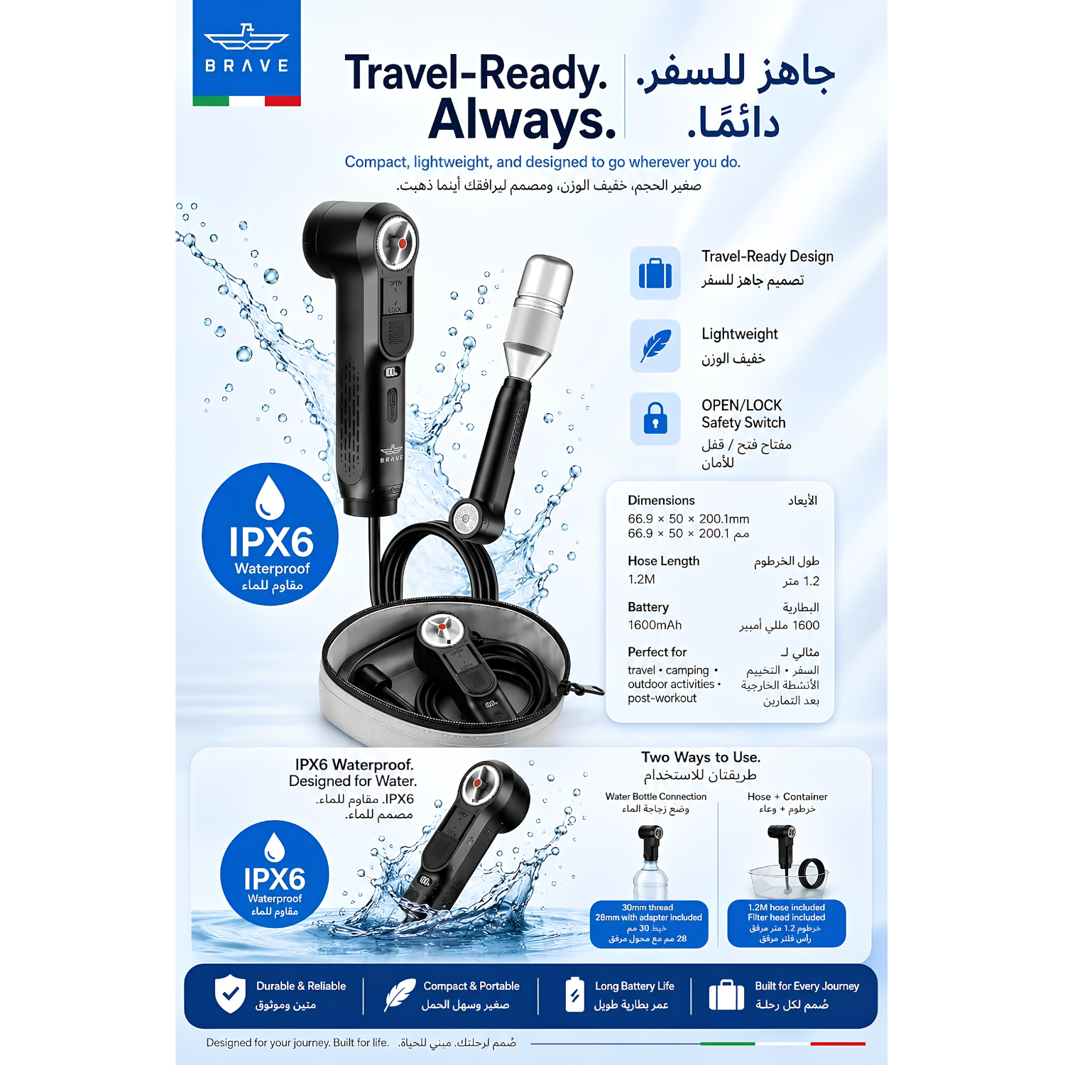 Brave BEB-01 Portable Bidet, Handheld Electric Personal Hygiene Sprayer with Hose
