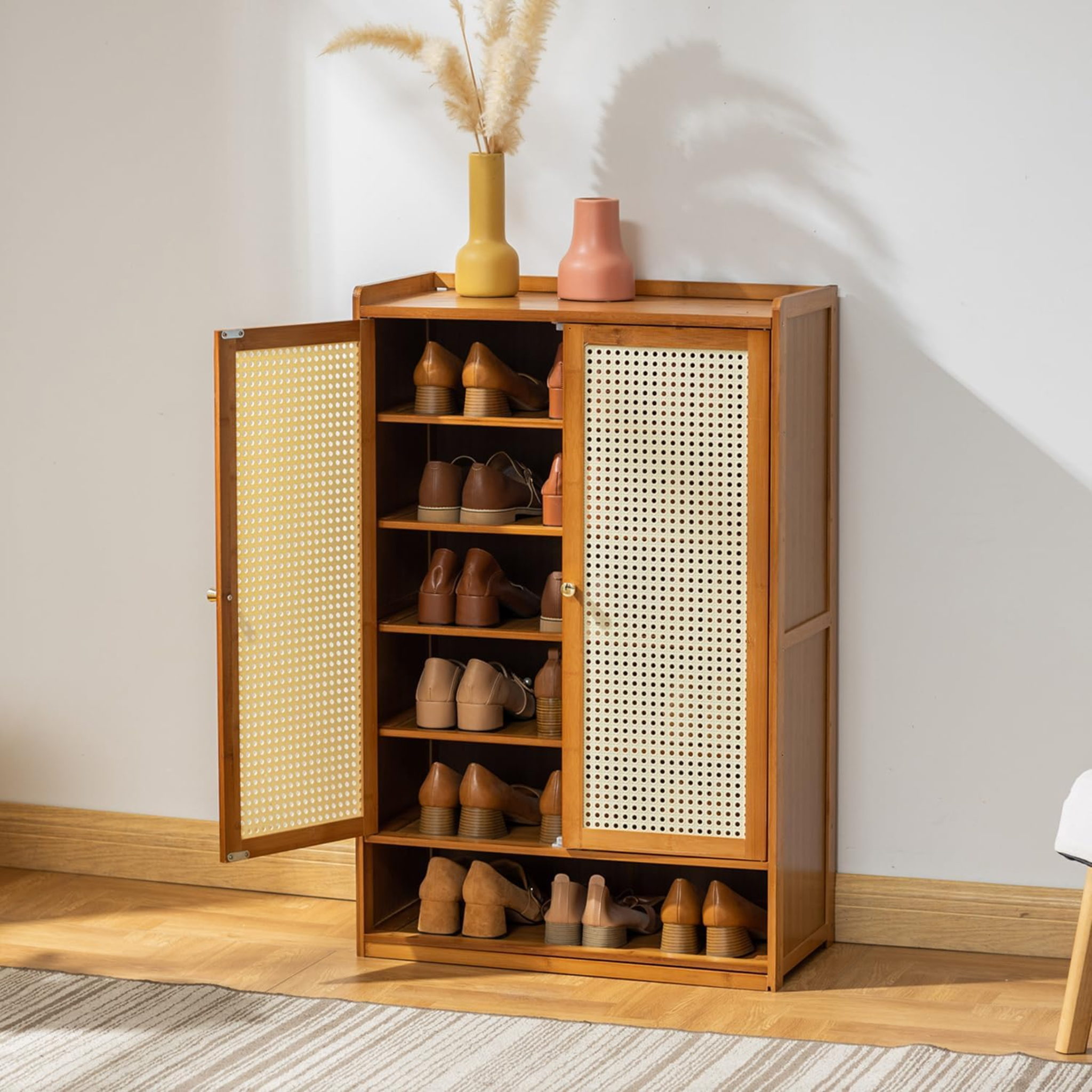 Wooden Shoe Rack with Retro Mesh Doors