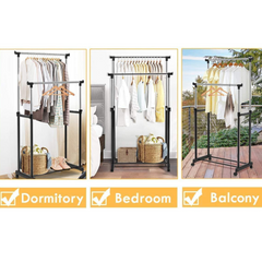 Stainless Steel Double Rails Telescopic Clothes Rack with Wheels