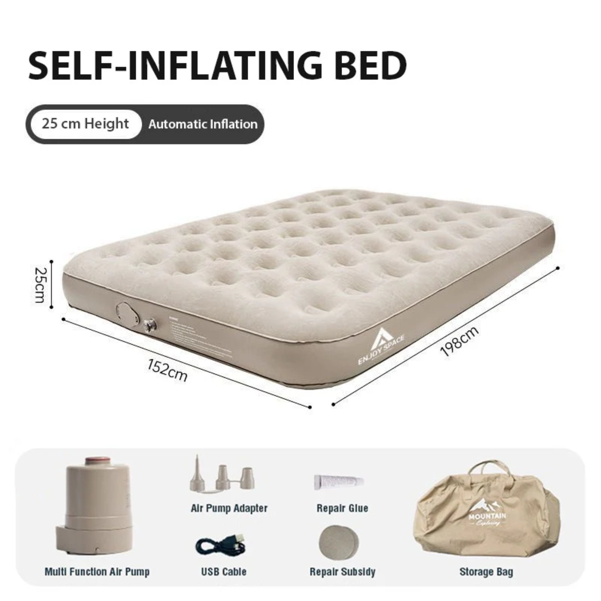 Portable Inflatable Blow Up Air Mattress Bed with Built-in Automatic Pump for Outdoor Camping 152 x 198 x 25 cm