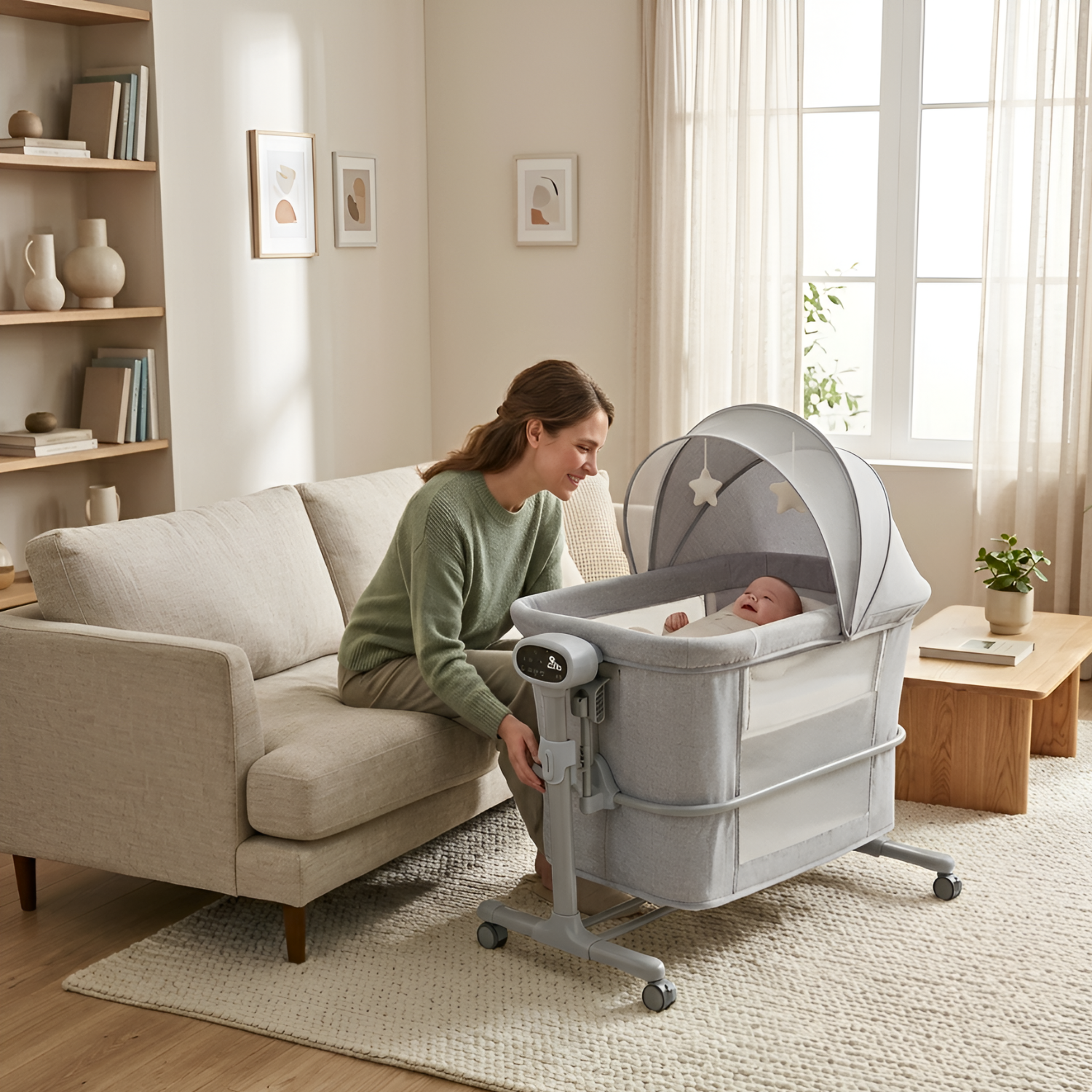 4 IN 1 Multi Functional Bedside Baby Bassinet, Newborn Crib with Breathable Mosquito Net and Mattress