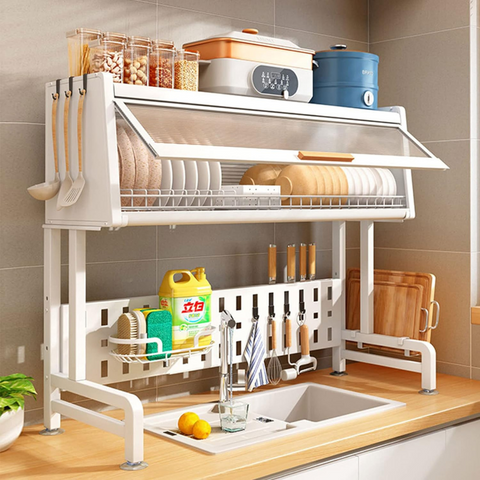 Kitchen Dish Rack with Cover (White), Adjustable Over The Sink Drying Rack