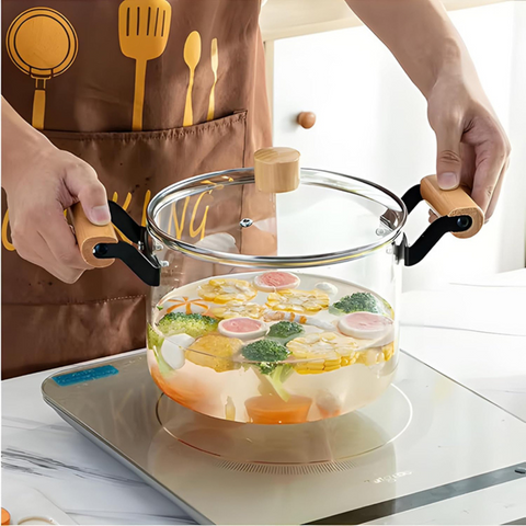 Transparent Glass Pot with Lid and Wooden Handle, High Boron Glass Pot for Gas Stove