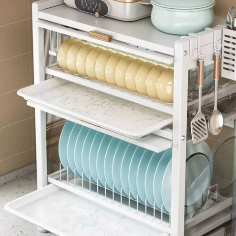 Dish Drainer Rack with Drawer & Lid Cover, Kitchen Countertop Storage Cabinet