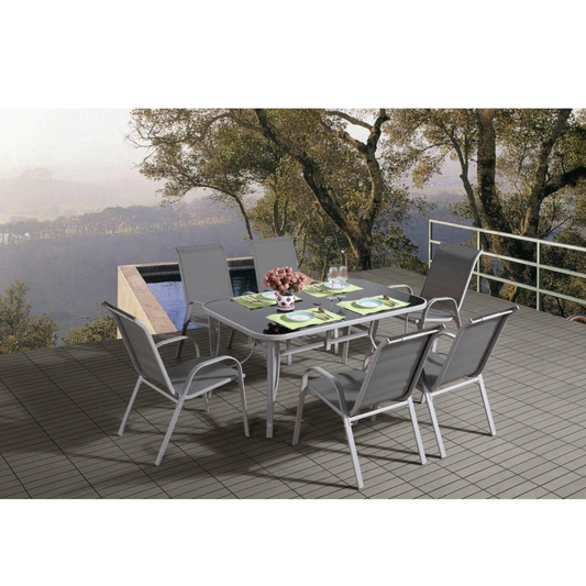 6 Seater Steel and Textilene Chairs with Center Glass Table Patio Garden Furniture
