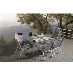 6 Seater Steel and Textilene Chairs with Center Glass Table Patio Garden Furniture