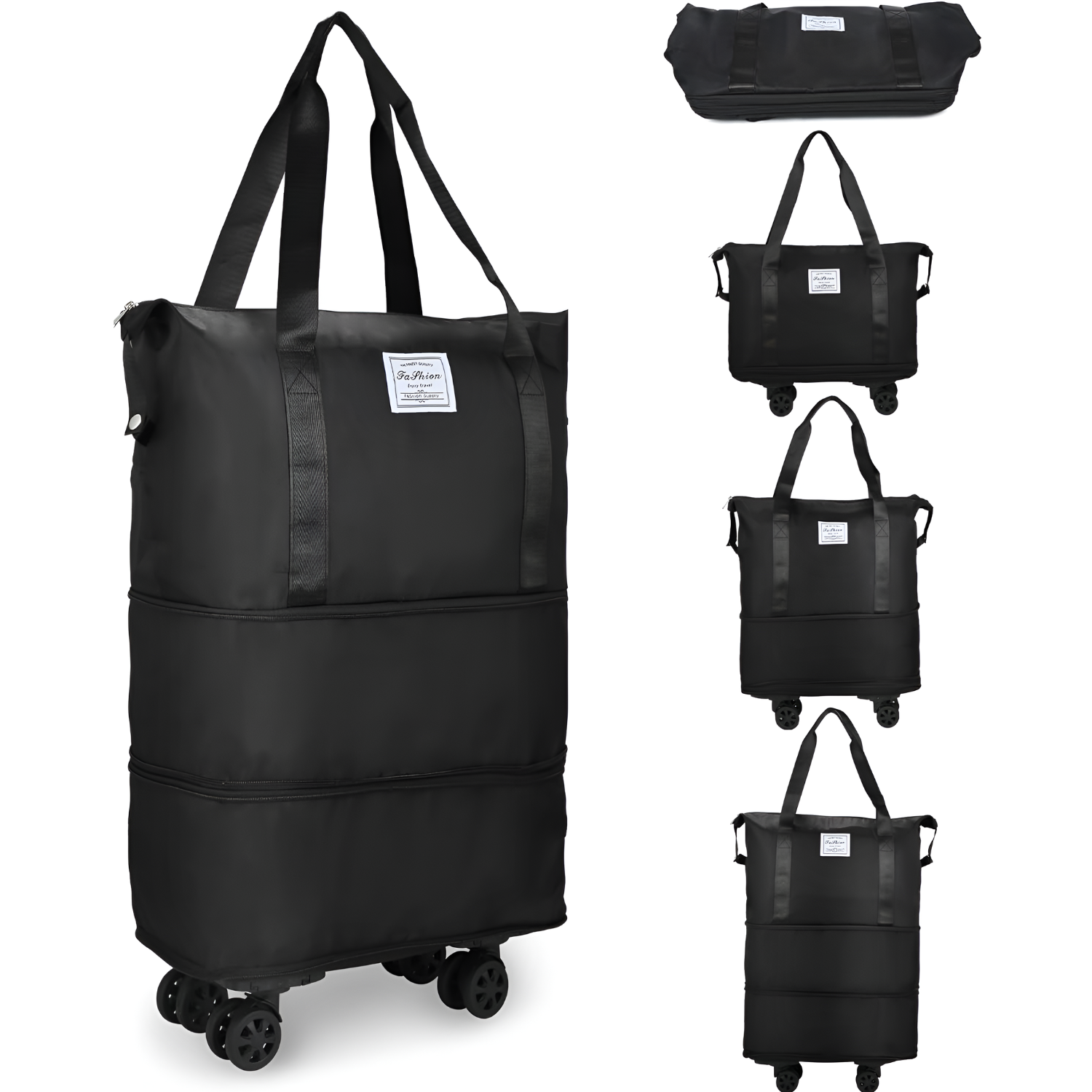 Foldable Expandable Travel Duffel Bag with Wheels Large Capacity Black