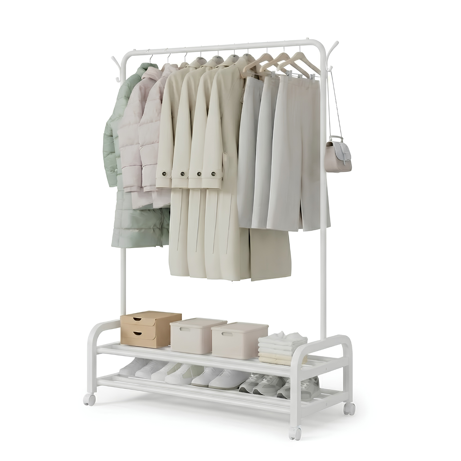 Multifunctional Single Pole Clothes Hanging Rack with Wheels and Bottom 2 Tier Shoe Rails White
