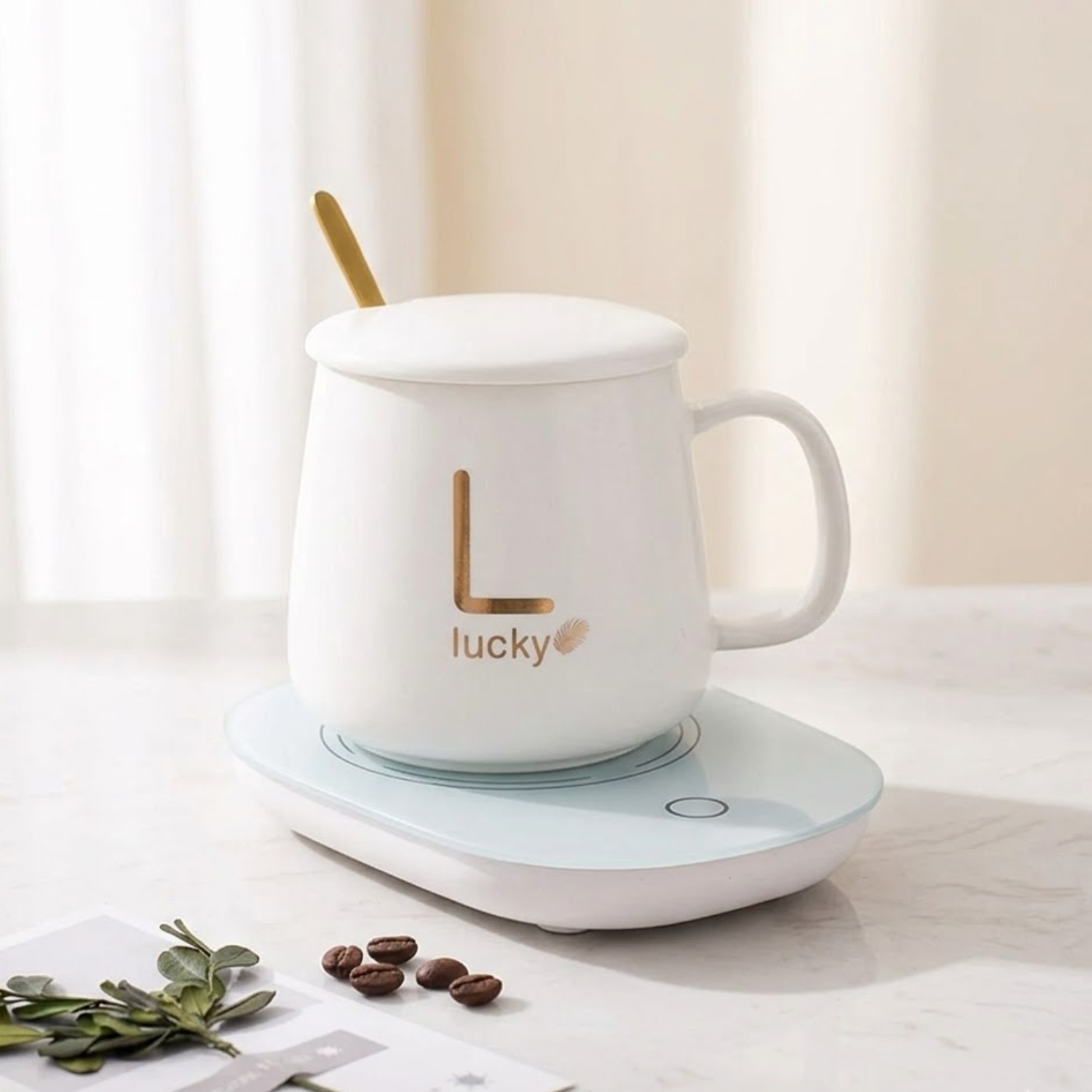 Smart Coffee Cup Warmer, 55° Constant Temperature Warmer with Cafe Mug and Stirrer