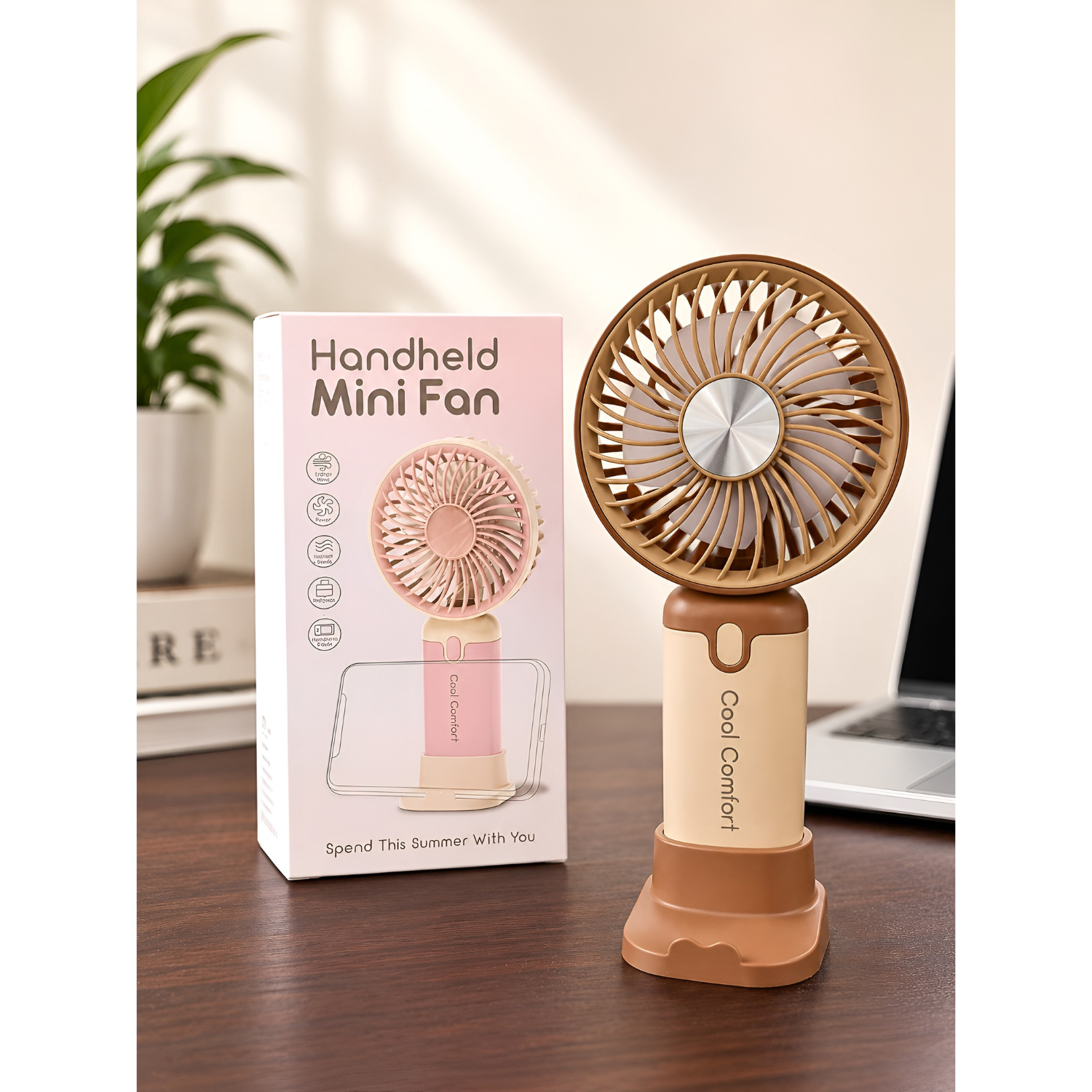 Handheld Mini Fan With Mobile Phone Bracket Beige