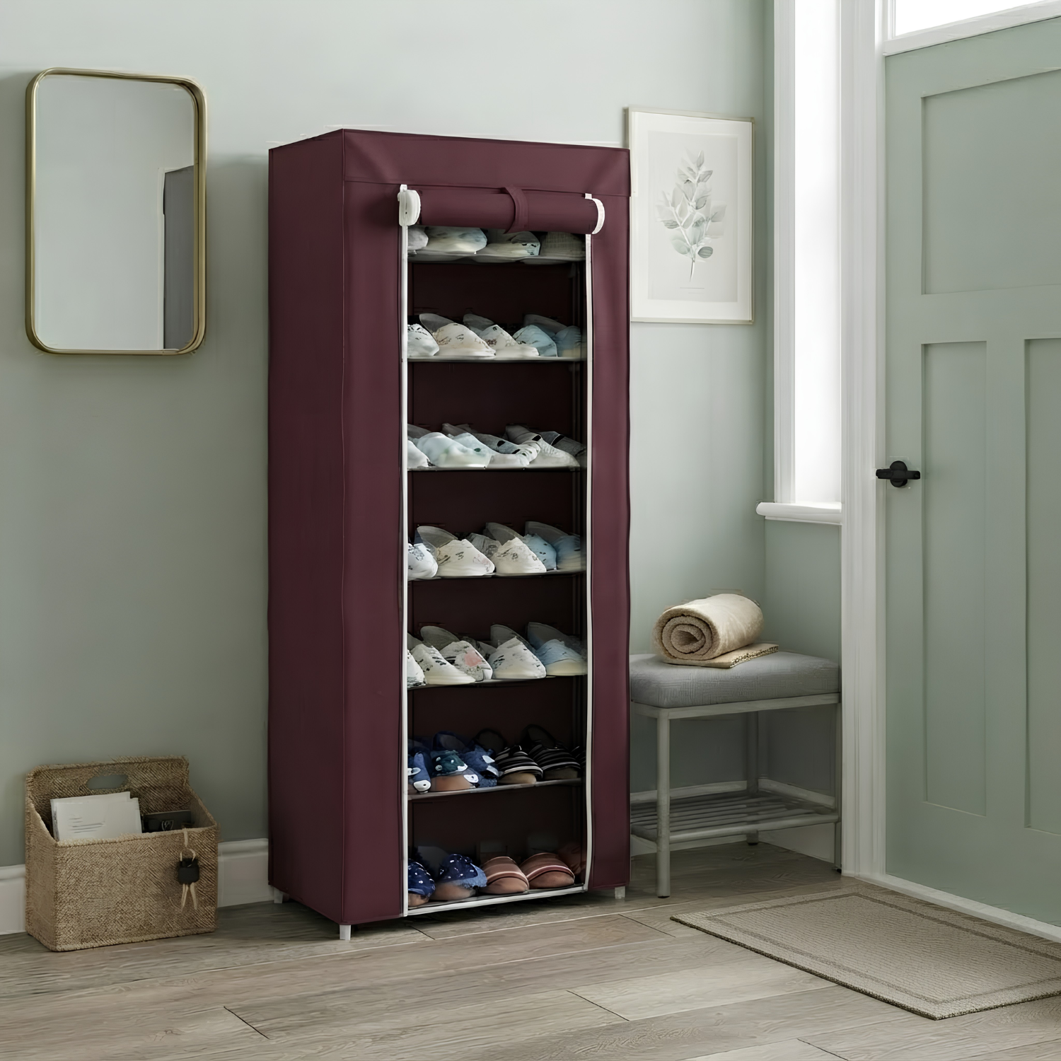 7 Layer Fabric Shoe Storage Rack Wine Red