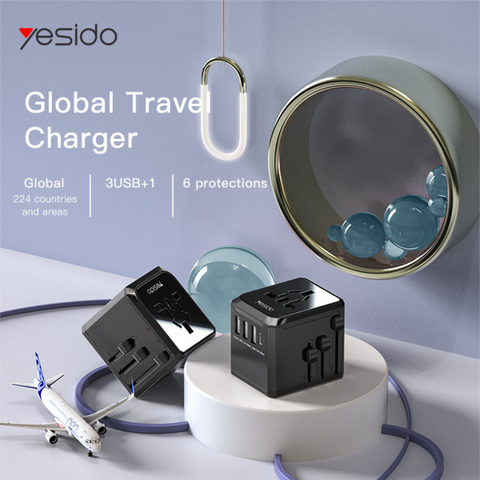 Yesido MC10 Universal Travel Adapter - UK/EU/US/AUS Plugs, 3 USB + 1 USB-C Port