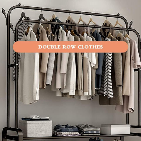 Clothes Organizer Stand with Wheels - 48 Kg Heavy Duty Double Layer Garment Hanger Rack