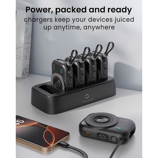 Moxedo 5x 10000mAh Wireless Charging Power Banks with Charging Dock Station, Built-in Cables, USB C Fast Charging and Digital Display