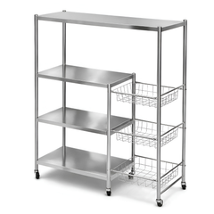 Full Stainless Steel Kitchen Utility Storage Rack with Mesh Baskets and Wheels