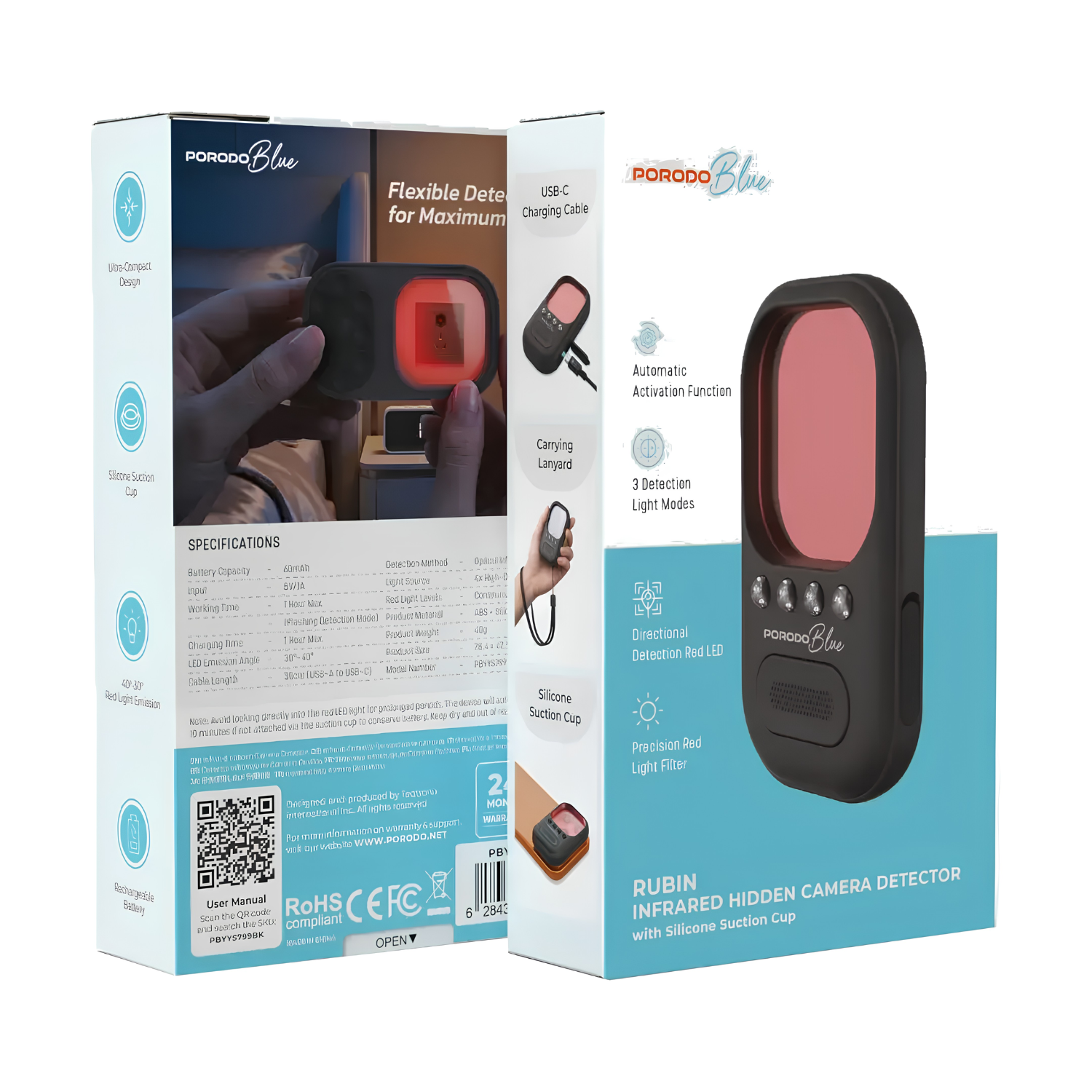 Porodo Blue Rubin Infrared Hidden Camera Detector With Silicone Suction Cup