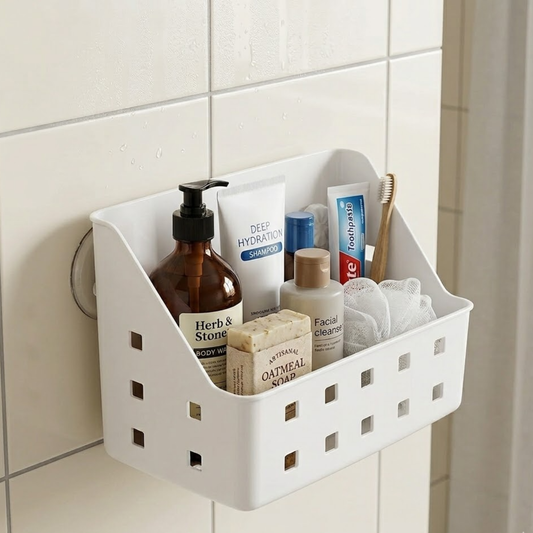 Wall Mounted Suction Cups Plastic Storage Organizer Basket for Bathroom 22 x 12 x 15 cm