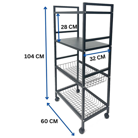 4 Tier Metal Storage Rack on Wheels, Trolley Cart Shelf for Kitchen Vegetables, Fruits and Oven Organization