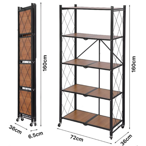 Foldable Storage Rack with Wooden Shelf for Kitchen and Home