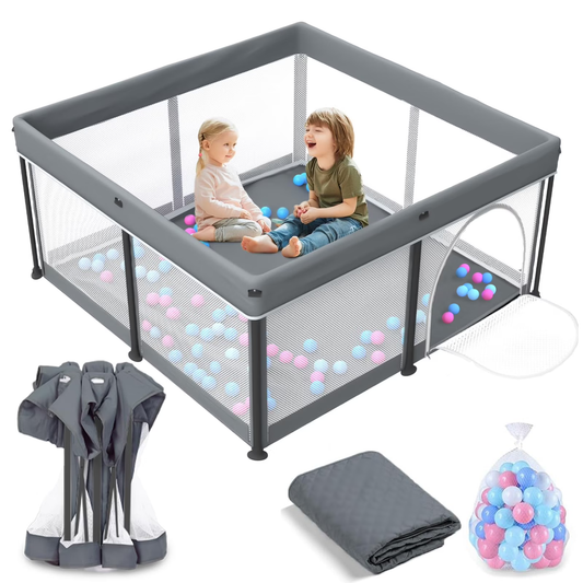 Portable Folding Playpen with Mat and 30 Balls | 120 x 120 x 68 cm Grey