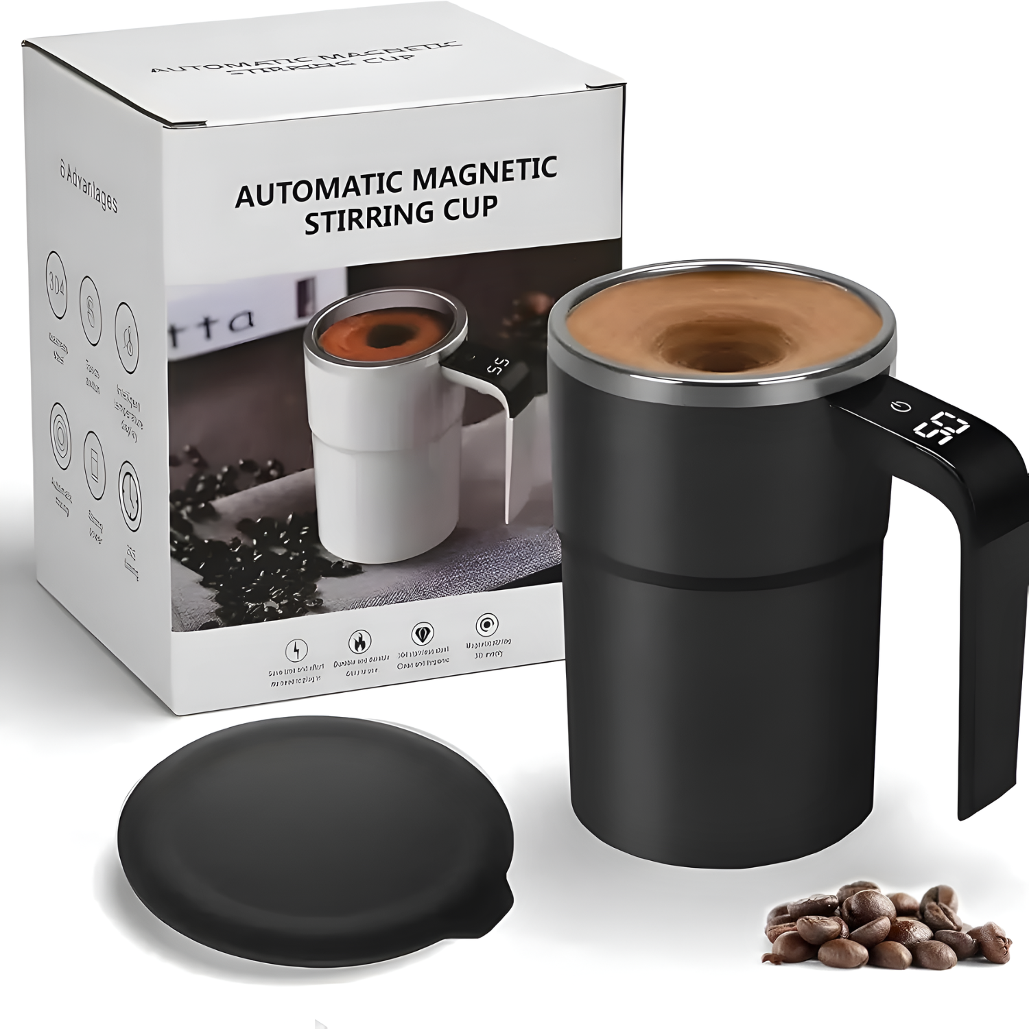 Automatic Magnetic Self-Stirring Mug With Lid Digital Display Rechargeable Mixing Cup Black