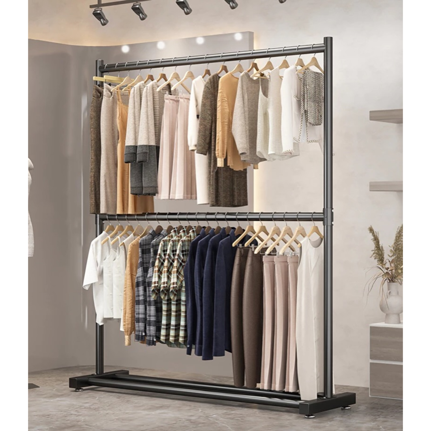 Double Decker Garments Display Rack, High Load Capacity Clothes Hanger