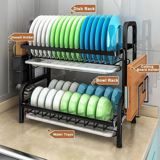 2 Layer Dish Drying Rack with Drain Tray