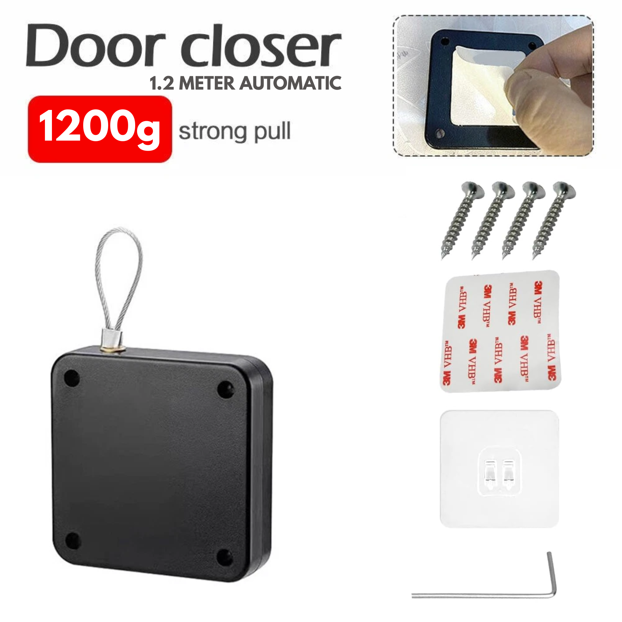 1.2 Meter Retractable Steel Wire Automatic Door Closer Black