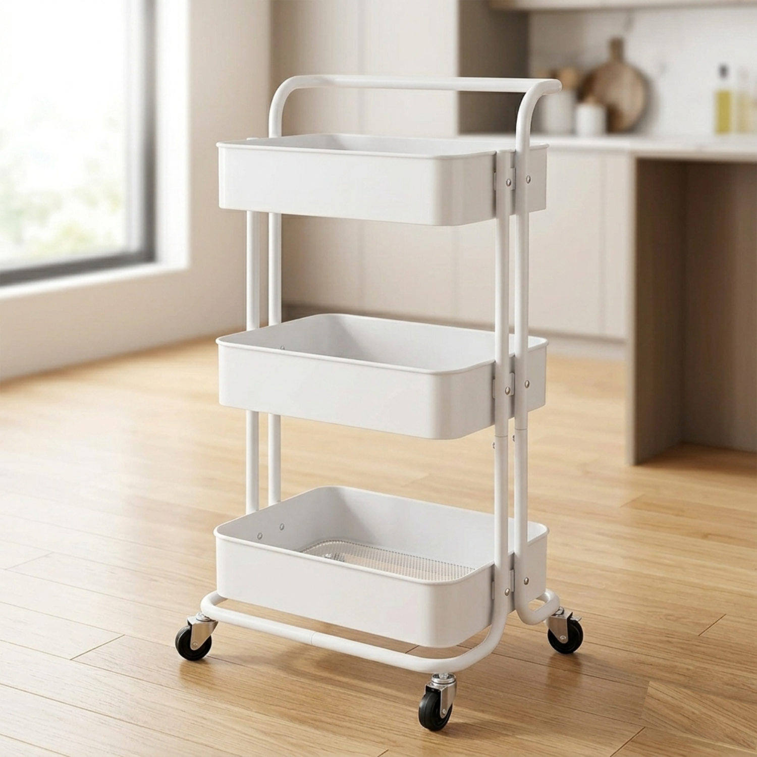 3 Tier Baskets Trolley Cart Organizer Rack with Swivel Wheels for Kitchen, Pantry, Bathroom and Living Room White
