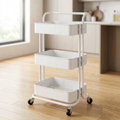 3 Tier Baskets Trolley Cart Organizer Rack with Swivel Wheels for Kitchen, Pantry, Bathroom and Living Room White