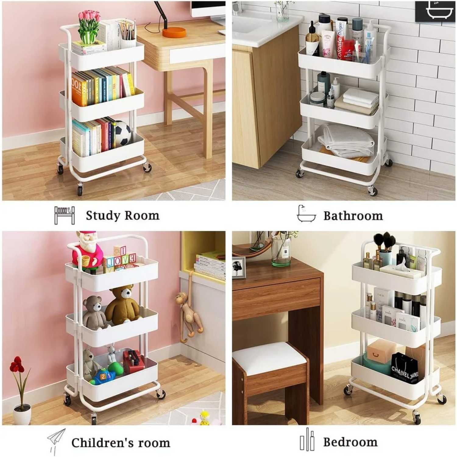 3 Tier Baskets Trolley Cart Organizer Rack with Swivel Wheels for Kitchen, Pantry, Bathroom and Living Room