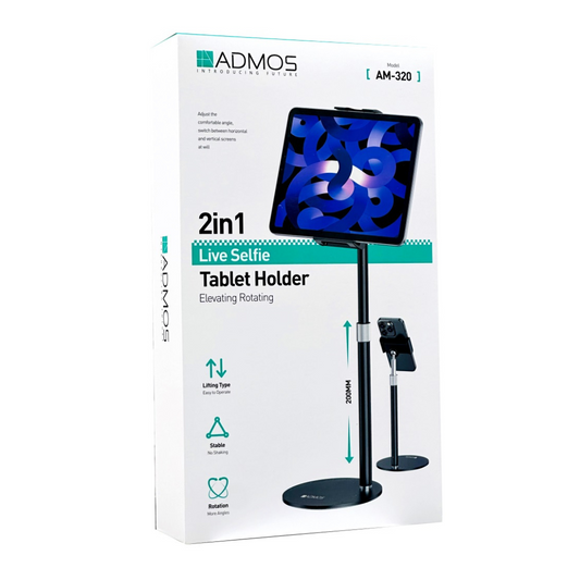 ADMOS 2 IN 1 Live Selfie Tablet Holder, Height Adjustable, 360 Degree Rotating Tab Stand