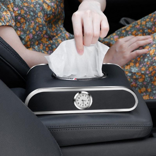 Leather Tissue Holder Box with Time Clock for Car