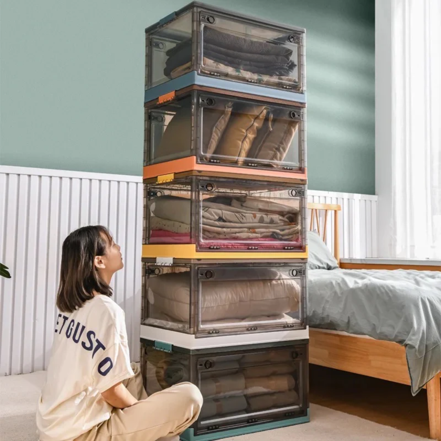 Collapsible Folding Clear Plastic Clothes Storage Box with Latching Lids & Wheels