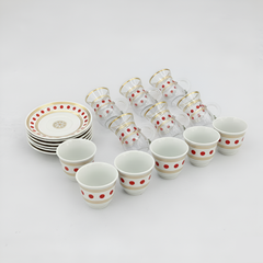 Glass Tea Cups and Ceramic Arabic Coffee Qahwa Cups Set (18 Pcs)