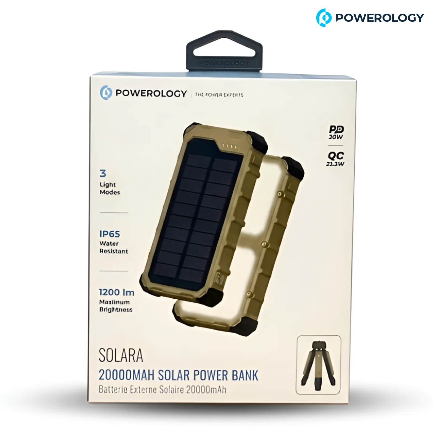 Powerology Solara Solar Power Bank with Tripod Flashlight 20000 mAh
