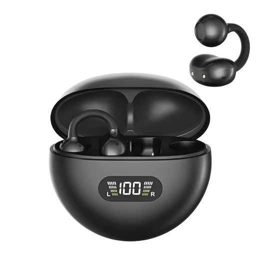 Q71 Wireless Clip On Earbuds, Sports Silicone TWS Earphone with Noise Reduction and Digital Display Black