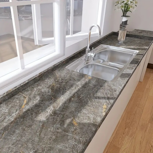 Waterproof Non-slip Self-Adhesive Marble Pattern Wallpaper Sticker for Kitchen, Cupboard & Dining Area Grey + Gold Stripes