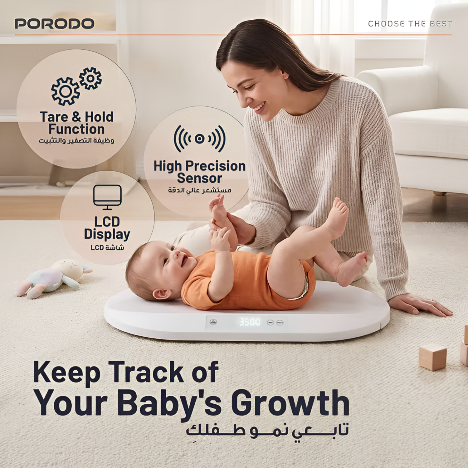 Porodo Minimeasure Electric Digital Baby Scale with Measuring Tape