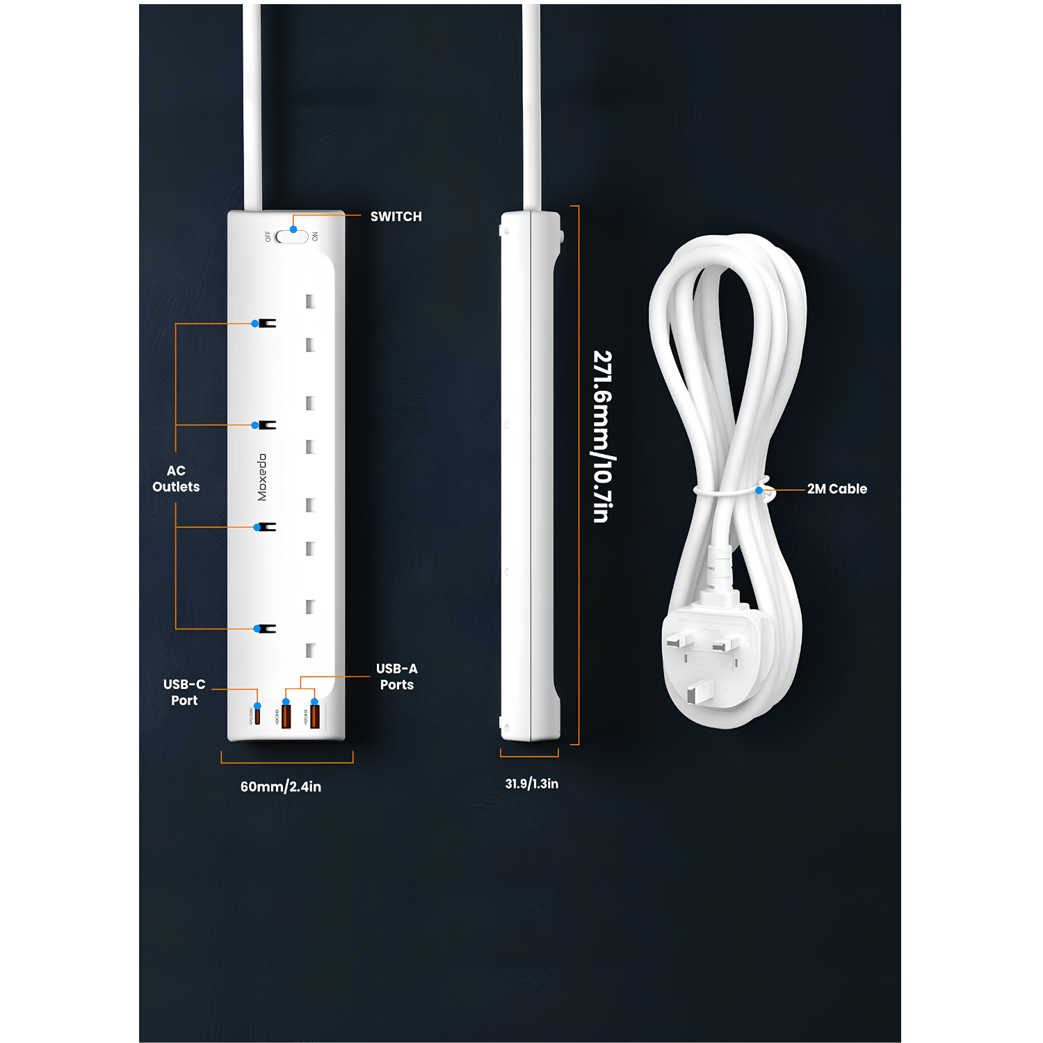 Moxedo 20W Power Strip Surge Protector 7-Way with USB-C PD, 2 USB-A, 4 AC Outlets and 2M Cable Length