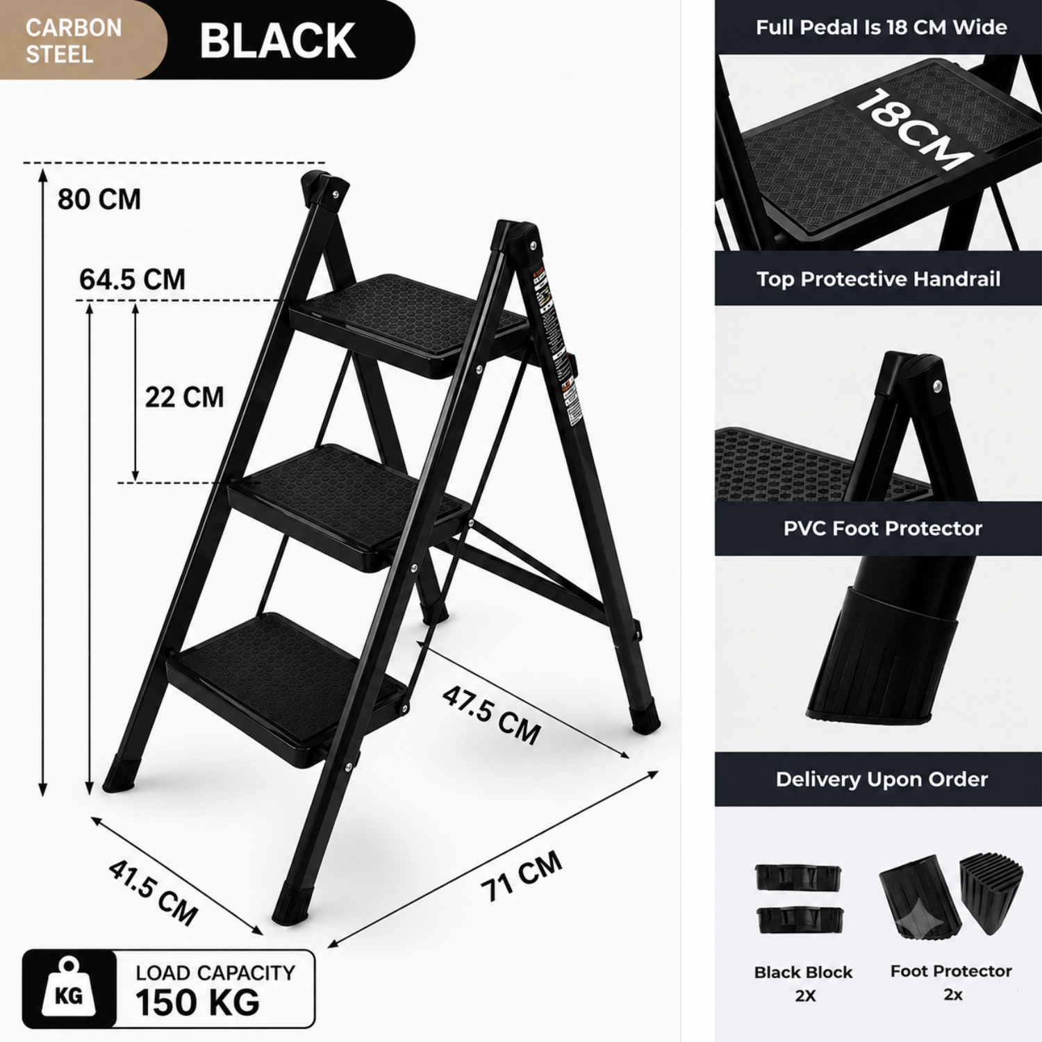 3 Step Stool Ladder with Wide Pedals and 150Kg Load Capacity Black