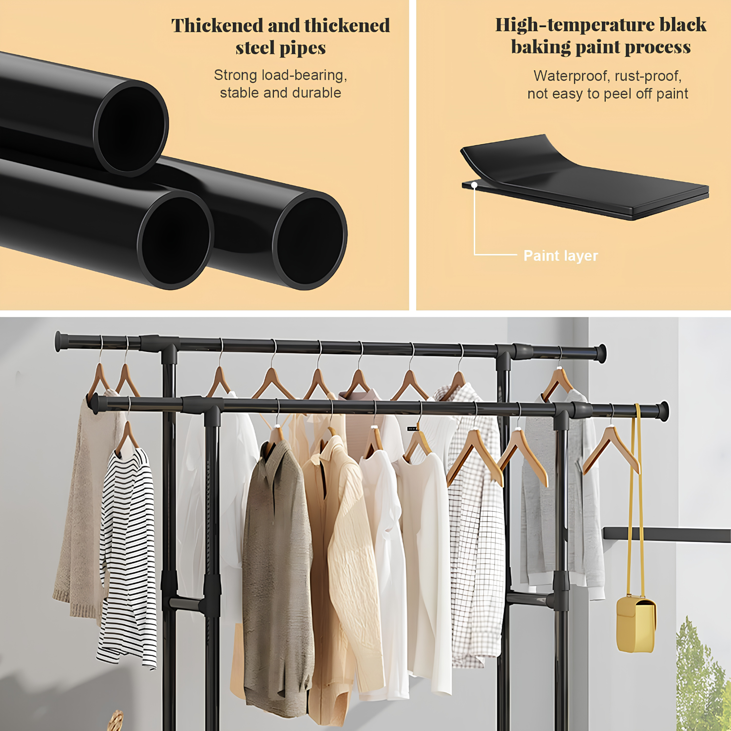 Extendable Double Rod Clothes Rack with Shoe Rack